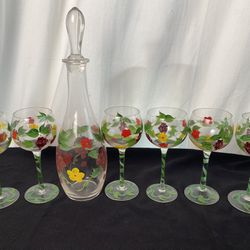 Vintage 8 Piece Hand Painted Wine Set 6 Stem Wine Glasses & Wine Decanter w/ Glass Top (Grapes & Floral Design)