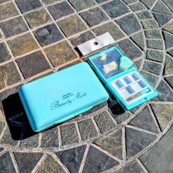 Japanese VTG Retro Aqua Compact Makeup Mirror+Brush Palette Holder Case 2-pc Set
