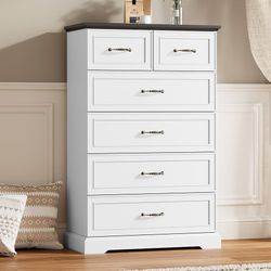 6 Drawer Dresser for Bedroom, 49" Tall Wooden Chest of Drawers, Rustic Farmhouse Dresser with Large Drawers & Metal Handles, Modern Storage Organizer 