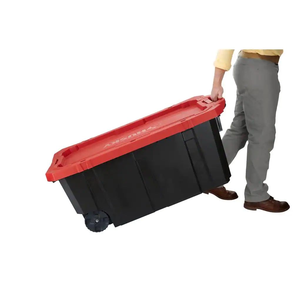 Husky 45 Gal. Latch and Stack Tote with Wheels in Black with Red Lid