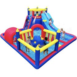 Inflatable Water Slide Park for Party Fun,15x15FT,Big Splash Pool,Long&Short Slides,Fun Crawl Tunnel,Basketball Hoop,GFCI Blower,Bounce Castle for Kid