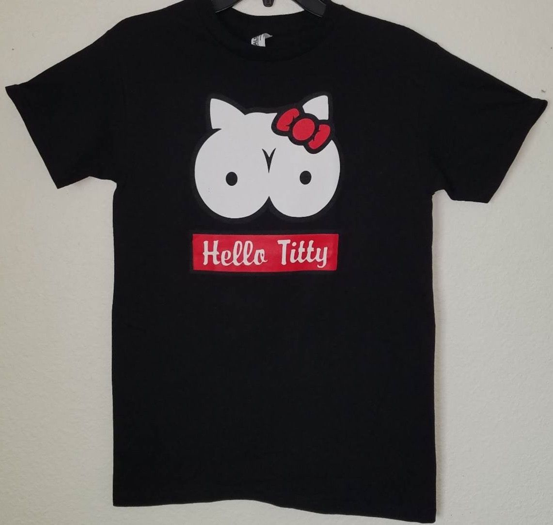 New “Hello Titty” Unisex Silkscreen T-Shirt. “Hello Kitty Parody” Available From Small-2XL.