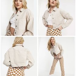 women’s Topshop Cropped Denim Jacket in Sand / Stone - size 8