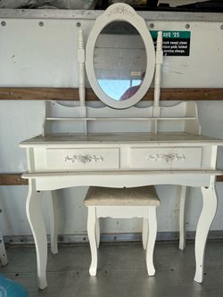 White Vanity Desk with Mirror and Stool