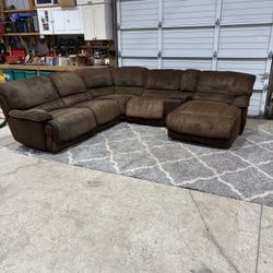 Large Brown Corduroy Sectional Couch w/ 2 Recliners (Modular)