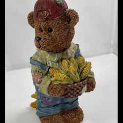 Vintage Large Farmer Teddy Bear Figurine With Corns In Basket 10.5” Collectible