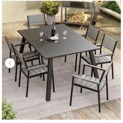 6 pcs chairs+57 in. Black Expandable Aluminum Outdoor Patio Dining Table