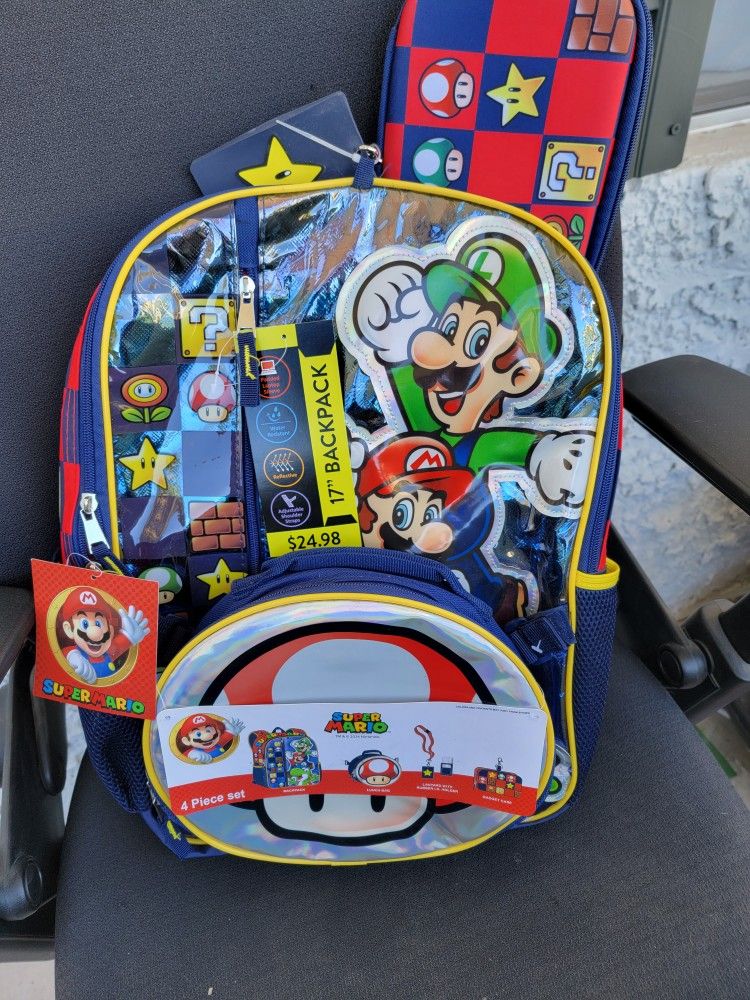 super mario 4 piece backpack lunch box nametag pencil accessory case new with tags