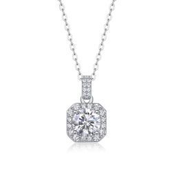 Fifty8 Square Moissanite Pendant Necklace, 925 Sterling Silver, CZ Halo, Dawn Light