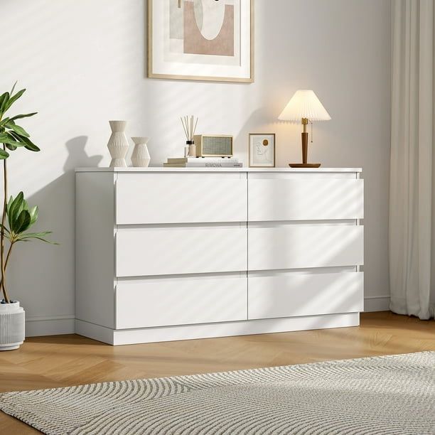 6 Drawer White Bedroom Dresser, 29 Inch Modern Wooden Storage Cabinet for Living Room, Bedroom, Kitchen.