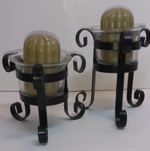 Vintage Flat Black Metal Scroll Farmhouse Primitive MCM Pair Tiered Candleholders