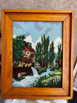 VTG Water Wheel Old Mill Country Home Finished 23.25" x 19" Framed Needlepoint