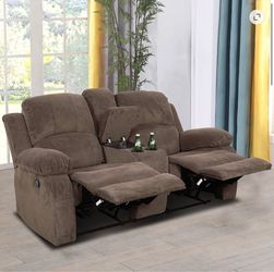 Double Manual Recliner Chair, Overstuffed Loveseat w/ Cupholders, Flannel, Brown