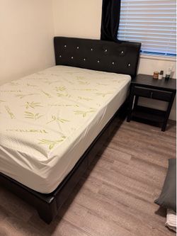 Guest full bed mattress, bed frame, foam topper, and night stand