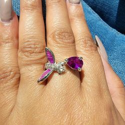 Amethyst & White Sapphire Hummingbird Silver Ring