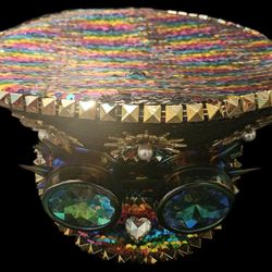 Rainbow Bedazzled Sequin Steampunk Hat with Goggles