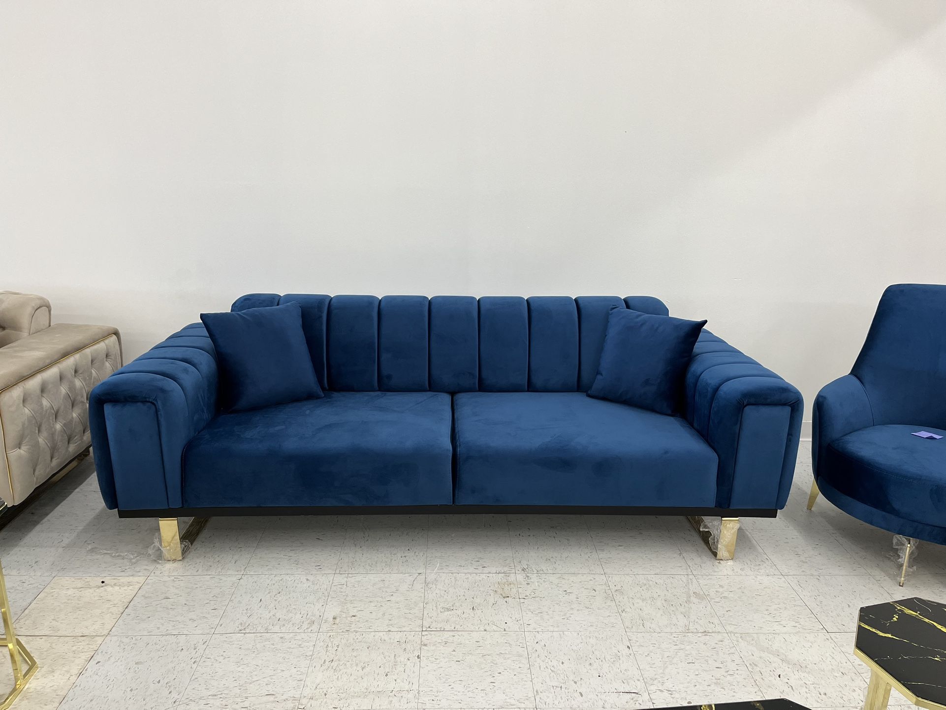 Mid-Century Modern Blue Velvet Sofa Couch with Metal Gold Legs, Three Seat Tufted Loveseat Couches,