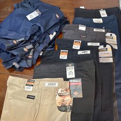 (NEW) 18-Piece DICKIES, WRANGLER, EDWARDS Work Clothes (12 shirts, 6pants) sizes XL, 38x30 + more…