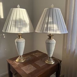 Pair of Elegant White Ceramic Table Lamps - Gold Accents, Pleated Shades, Vintage Sty