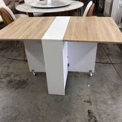 Folding Dining Table with 6 Casters Drop Leaf Dining Table with Storage Shelves