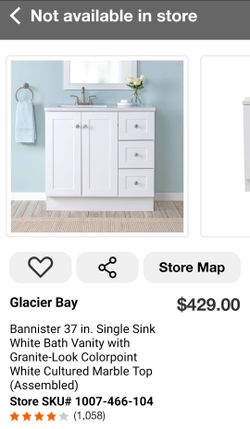 BRAND NEW NIB SEALED Glacier Bay Bannister 36 in. Single Sink White Bath Vanity with Granite-Look Colorpoint White Marble Top *****ASSEMBLED*****
