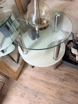 Round Glass and Chrome Side Tables and Lamps