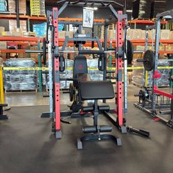 Marcy SM-4033 Home Gym Smith Machine Squat Rack Power Cage with Olympic Bench  