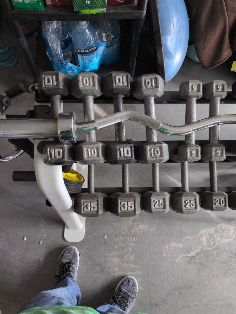 Hex Iron And Rubberized Dumbbells With Rack And Other Accessories