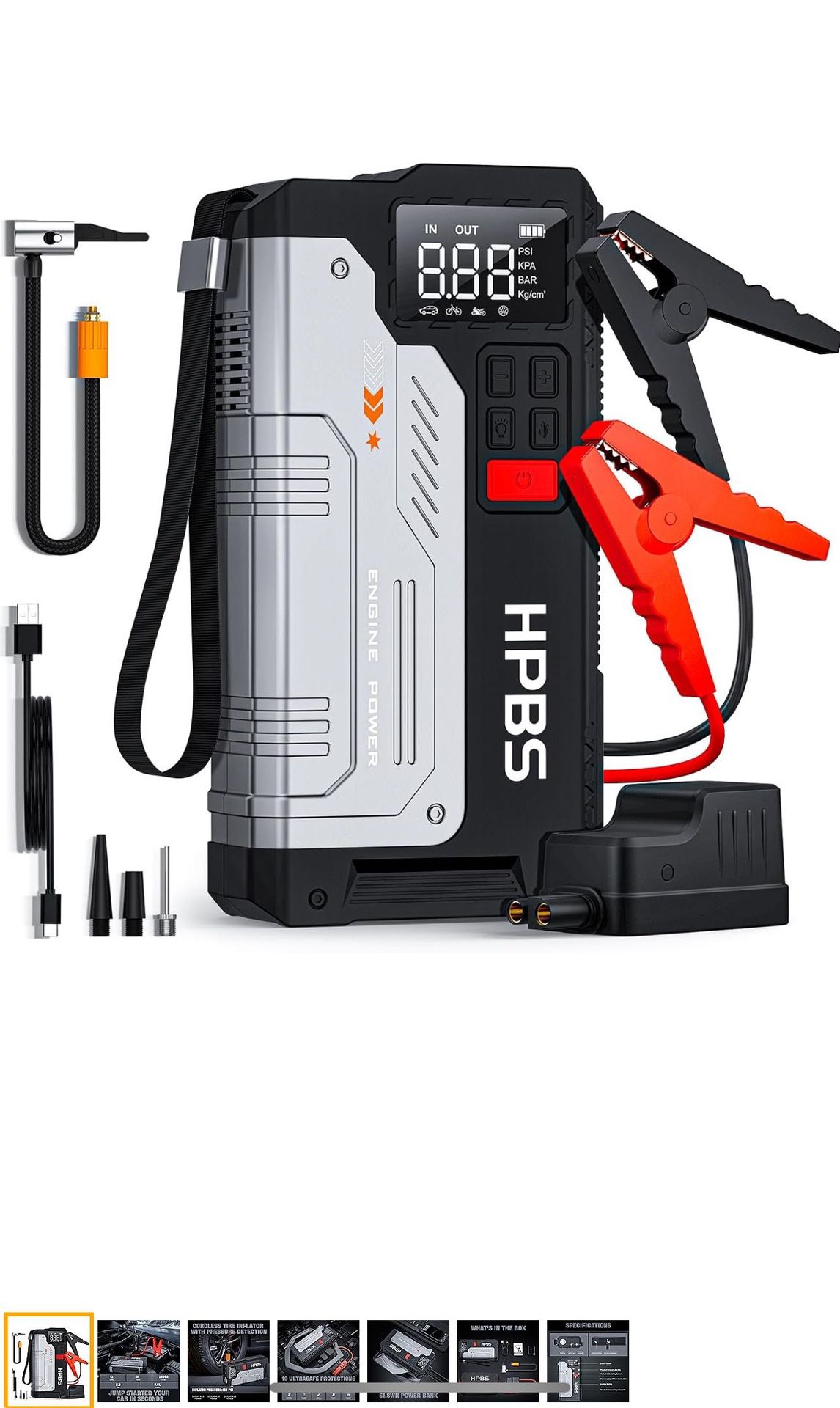 Jump Starter with Air Compressor - 2500A Car Jump Starter with 150 PSI Tire Inflator for Up to 8.0L Gas and 6.5L Diesel Engines, 12V Portable Jump Sta