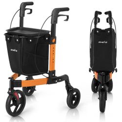 3 Wheel Rollator Walker, Walkers For Seniors, Rollator Walker Lightweight Foldable, With Tray And Large Storage Bag, 10 Inch Tri-Wheel Modern Mobility