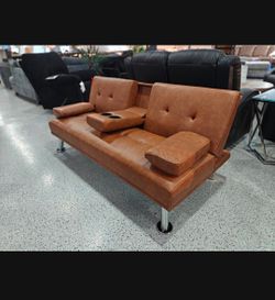 Brown leather futon sofa sleeper new
