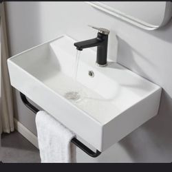 21" X 12" Modern Wall Mounted Ceramic Bathroom Sink With Towel Rack WFF-JLJ252-MJJ 