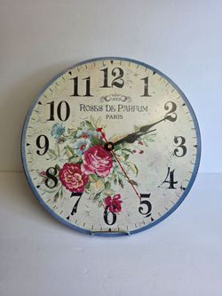 Wall Clock 13" Multi-Colored Floral Paris Non-Ticking Battery Operated ~ NWOT