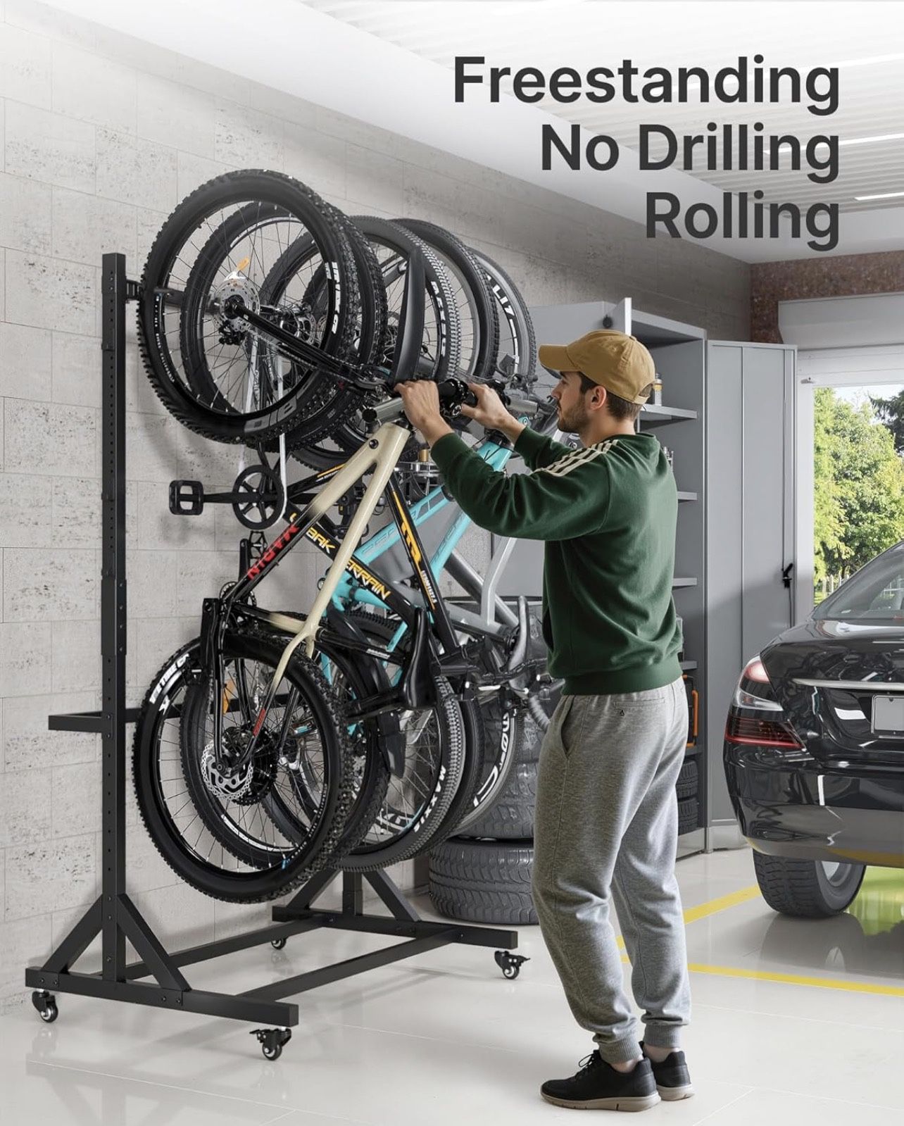 Freestanding Bike Storage Rack for 4 Bikes, Heavy Duty 350LBS Vertical Bike Stand with 4 Bike Hooks & 6