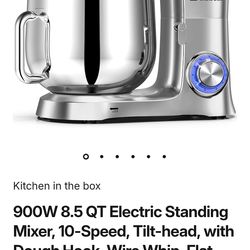 900W
 
8.5
 
QT
 
Electric
 
Standing
 
Mixer,
 
10-Speed,
 
Tilt-head,
 
with
 
Dough
 
Hook,
 
Wire
 
Whip,
 
Flat
 
Beater
 
&
 
Splash
 
Guard,