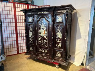 Solid Wood Asian Design Cabinet with Side Opening Locking Doors and Mother-of-Pearl Inlays
