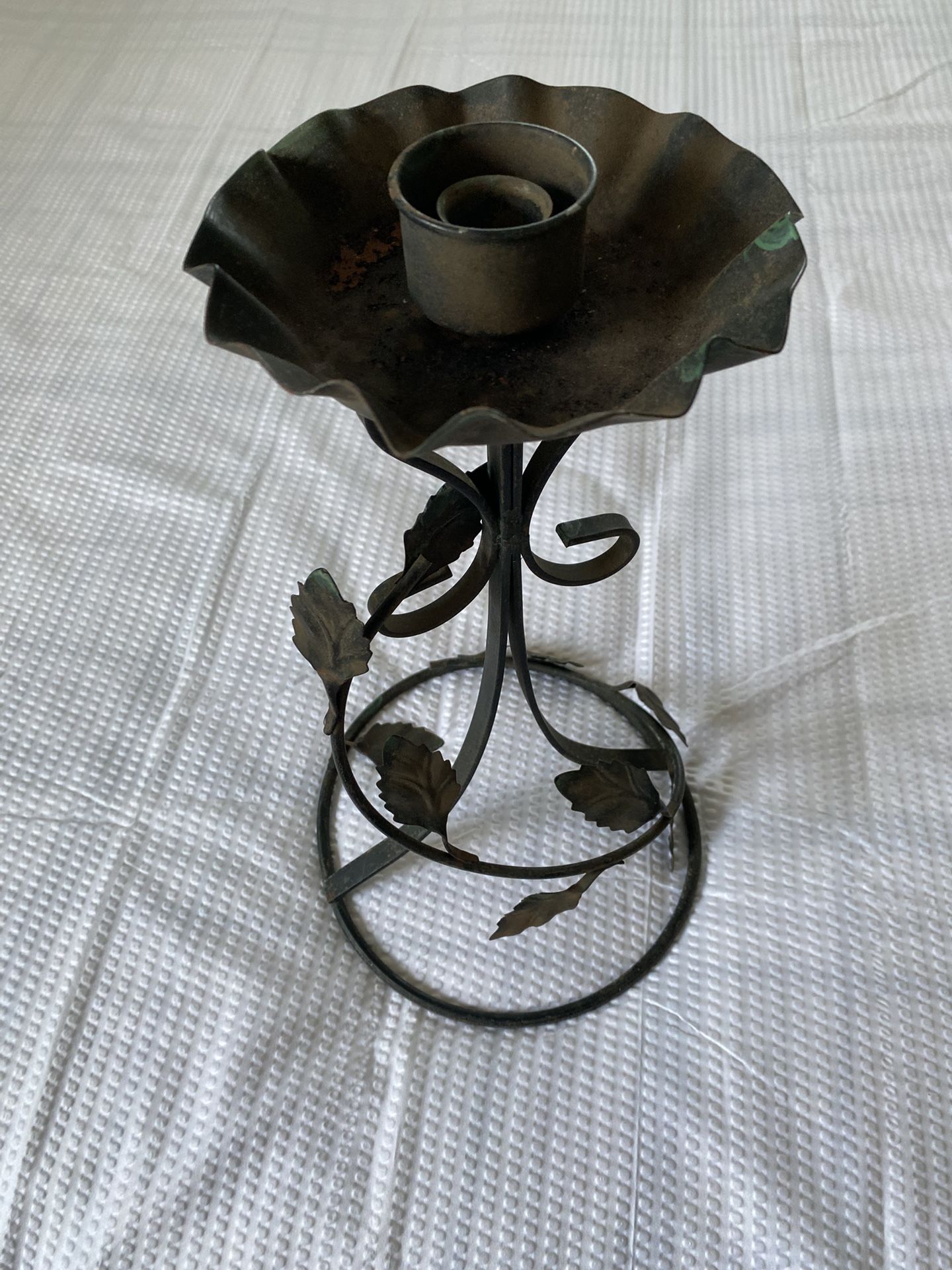Vintage Rusty Metal Floral 14” Tall Candle Holder