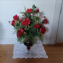 Artificial Rose Flower Arrangement in Vase, 21"H 16"W Rose Flowers with Decorative Leaves & Glass Vase