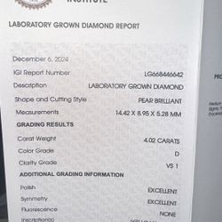 4Ct Lab Grown Pear Shape Diamond  (D COLOR)