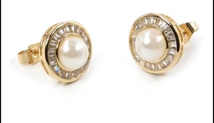 18k GOLD PLATED CHANNEL SET CRYSTAL CLASSIC ROUND PEARL STUD EARRINGS