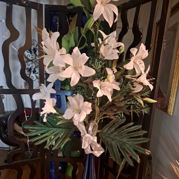 Cobalt Blue Vase White Lily Silk Flower Arrangement
