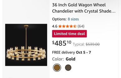 36 Inch Gold Wagon Wheel Chandelier with Crystal Shade...