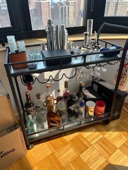 Black Metal Bar Cart with Glass Shelves