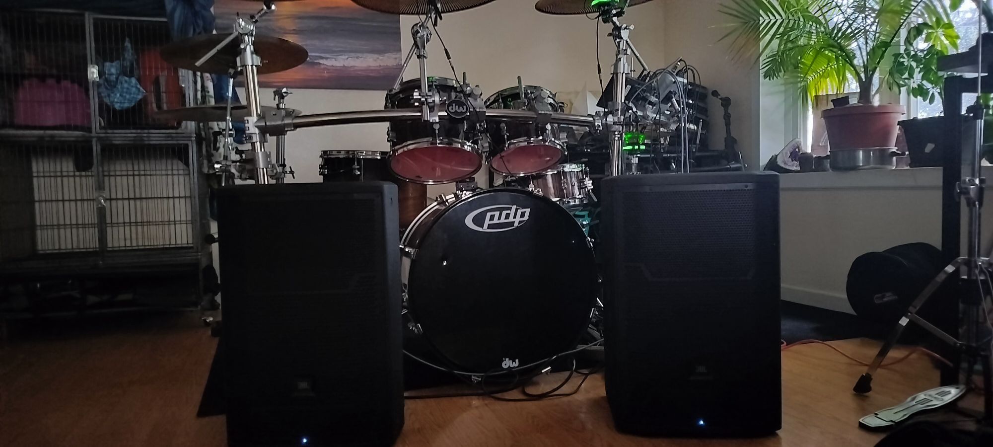 PDP 5 Piece With DW Rack, 9 Cymbals(6 Sabian 3 Zildjian, 2 JBL Amps, Yamaha EA10,Gator Drum,Cymbal And Amp Cases 