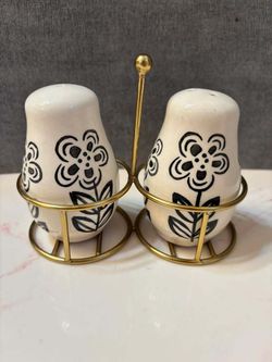 Ceramic Floral Salt and Pepper Shakers with Gold Caddy