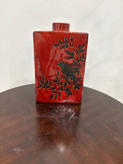 Vintage Chinese Red Cinnabar Lacquer Style Vase - Carved Bird & Branch Decor