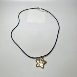 Black Waxed Cord with Gold Tone Orange Star Shaped Pendant Necklace