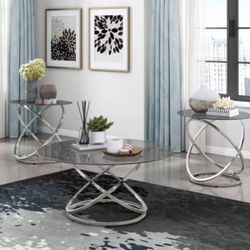 Set of 3 Occasional Coffee & End Tables (2) contemporary chrome-finish Tempered Glass  