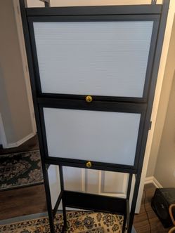 Black Metal Storage Cabinet with Frosted Panels