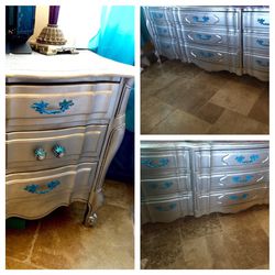 9 drawer vintage French provincial refinished dresser and 2 nightstands.